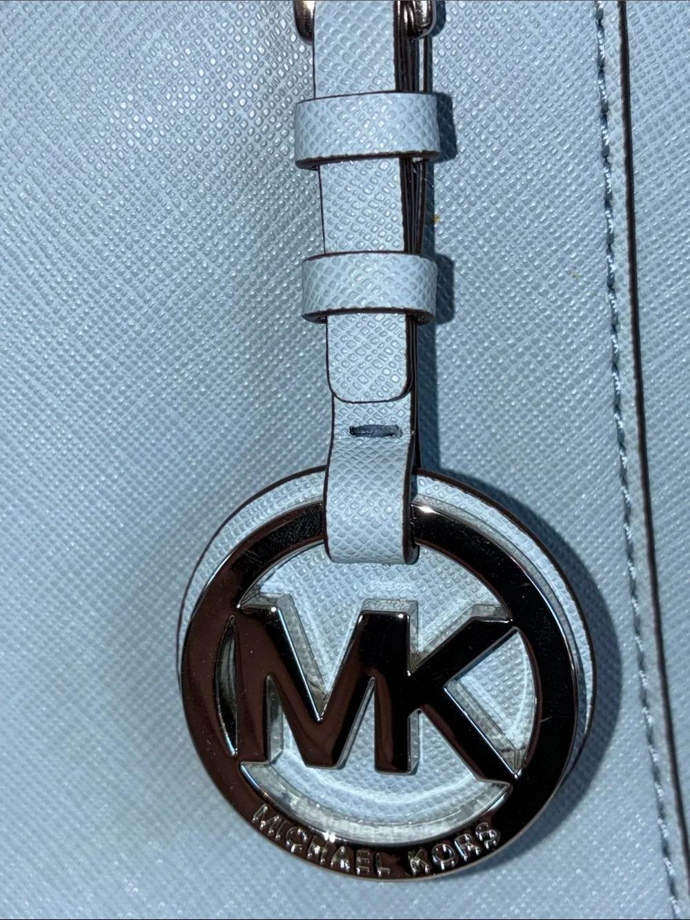 Michael Kors Powder Blue Saffiano Carry All Leather Tote, MK Charm, dust bag euc